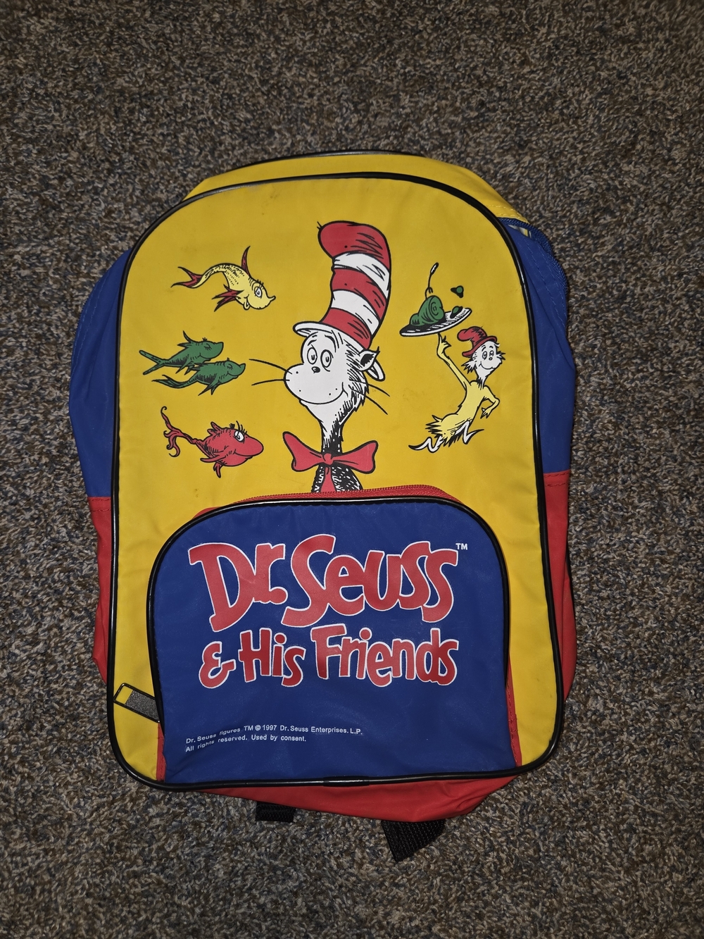 1997 Dr. Seuss Yellow & Blue 'Dr. Seuss & His Friends' Backpack